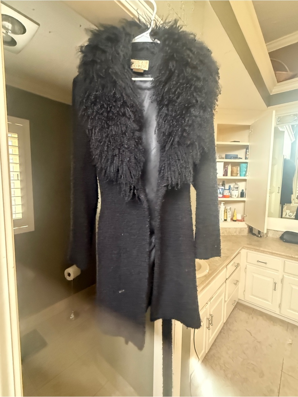 Vintage Chloé Black Belted Coat with Curly Fur Collar
